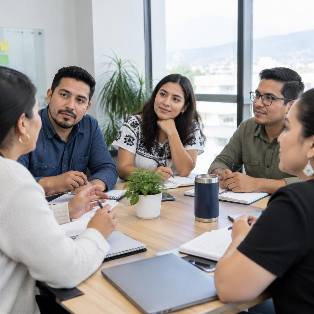 Colleagues in a relaxed discussion around a table