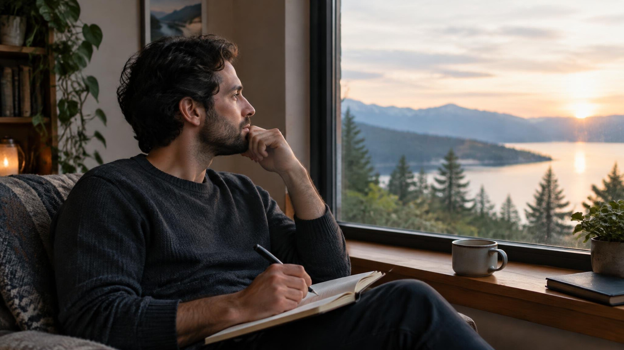 man reflecting by window