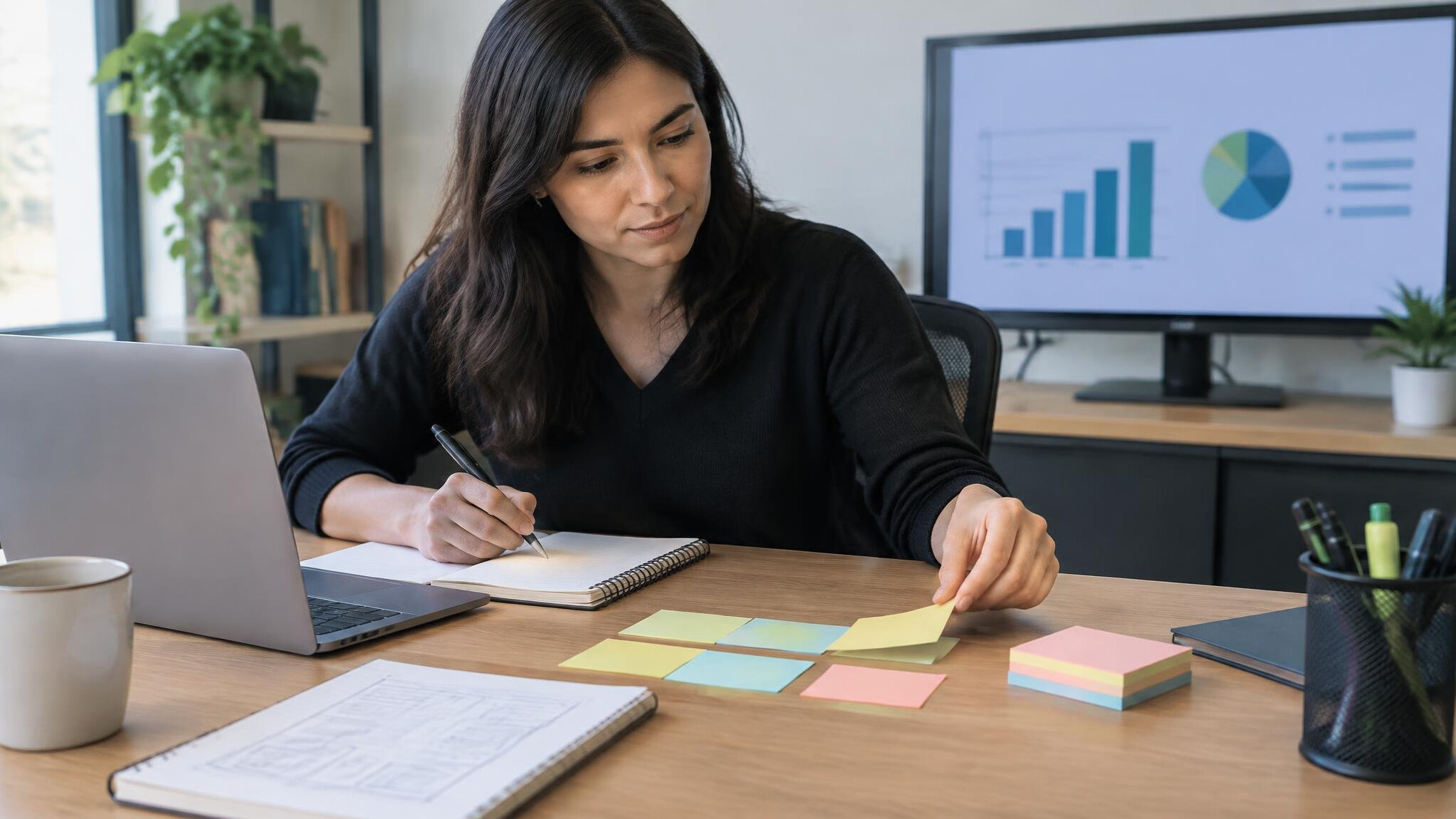person organizing notes on desk